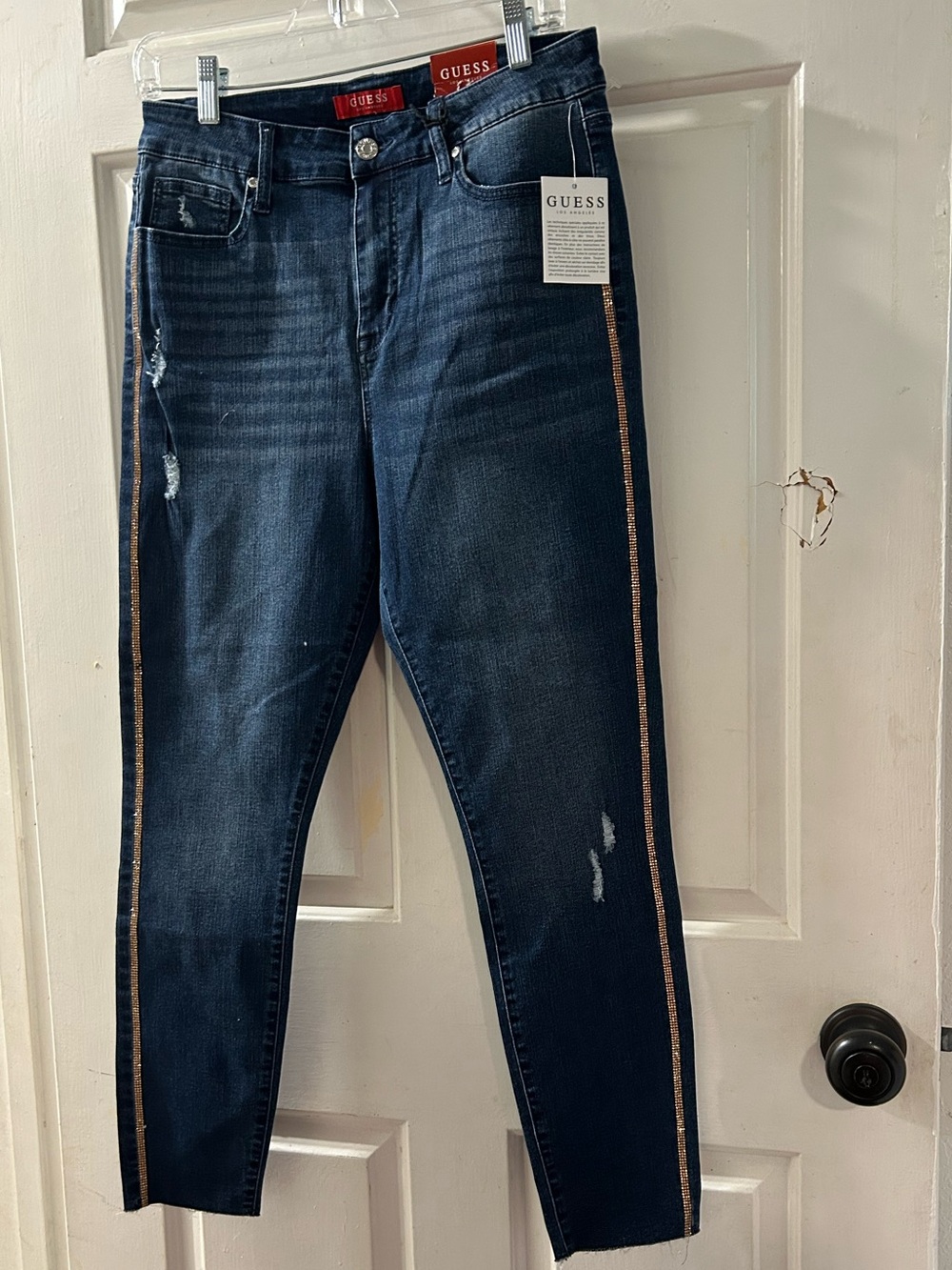 GUESS Dark Blue Cropped Skinny Jeans with Metallic Side Trim